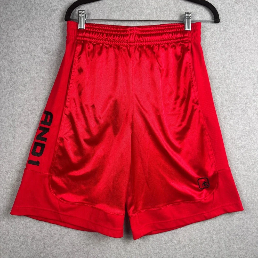 AND1 Shorts Mens Small Red Satin Dazzle Basketball Athletic Drawstring Logo